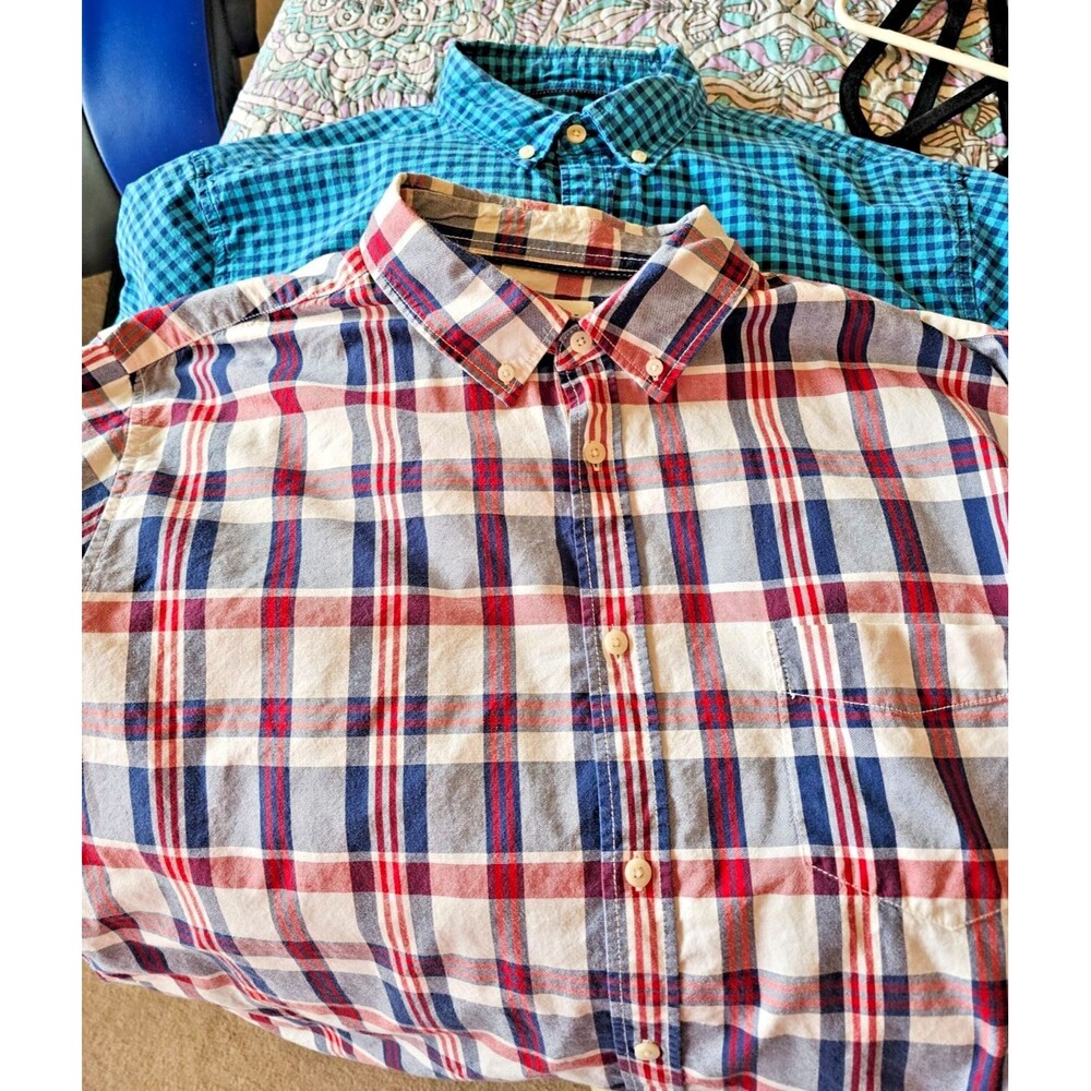 Aeropostale mens short sleeve button down shirts, XL set of (2)-RWB & blue check